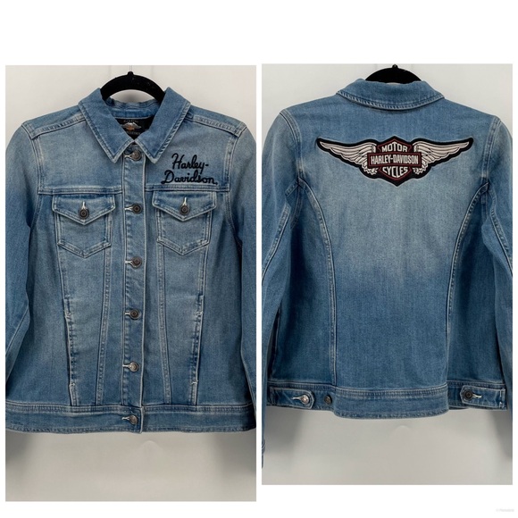 Harley Davidson Women’s Jean Jacket Blue Denim Winged Logo Patch M - Picture 1 of 9